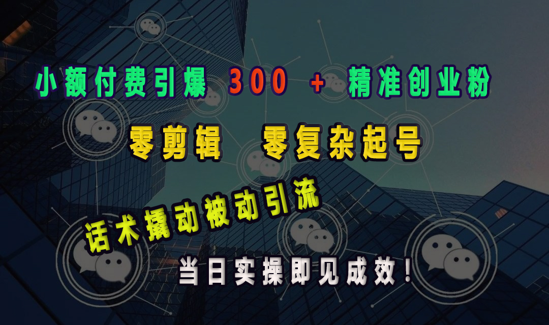 小额付费引爆 300 + 精准创业粉，零剪辑、零复杂起号，话术撬动被动引流，当日实操即见成效！-小哥网